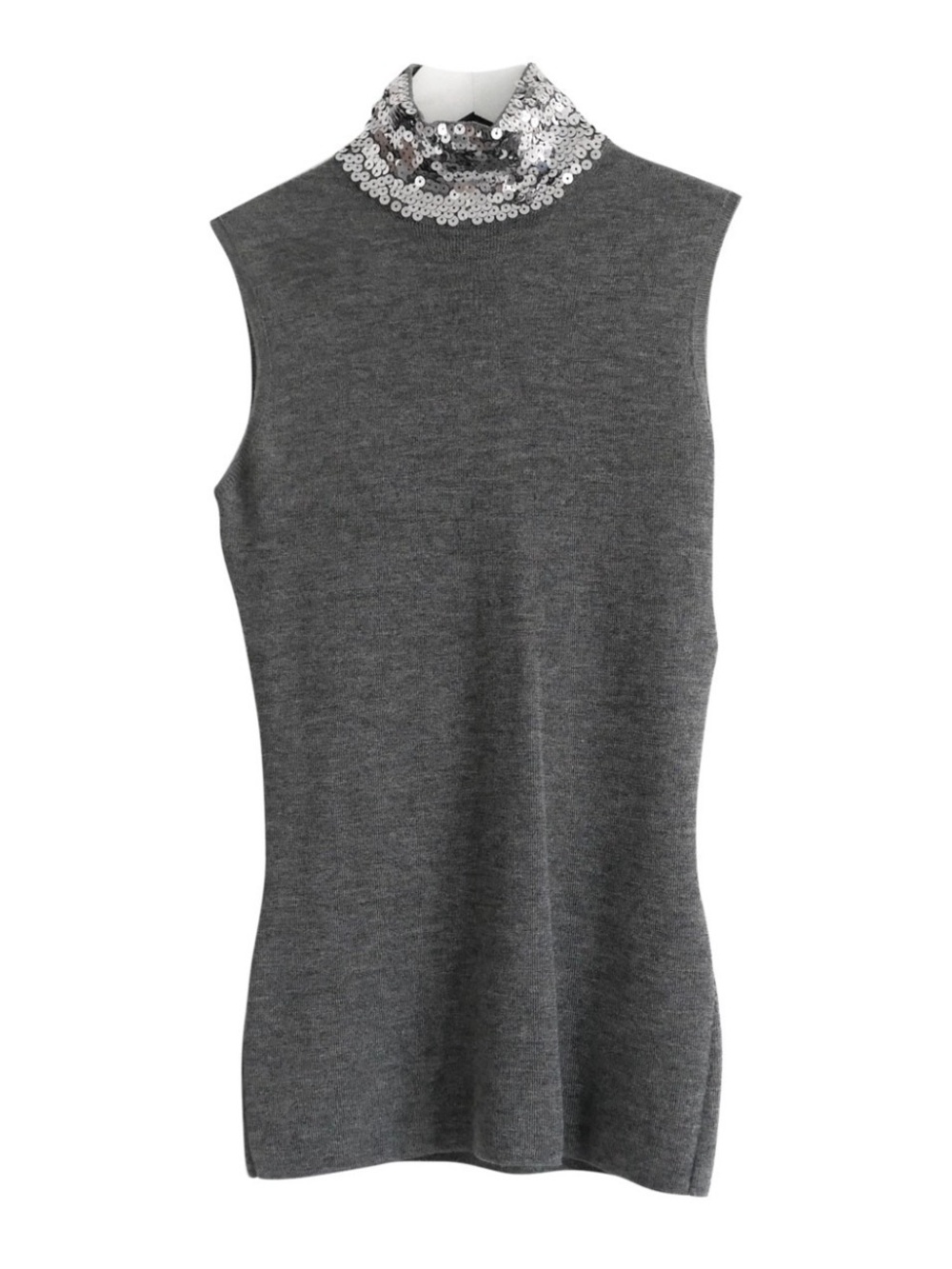Dior Gray Sleeveless Turtleneck Tank with Silver Sequin Collar